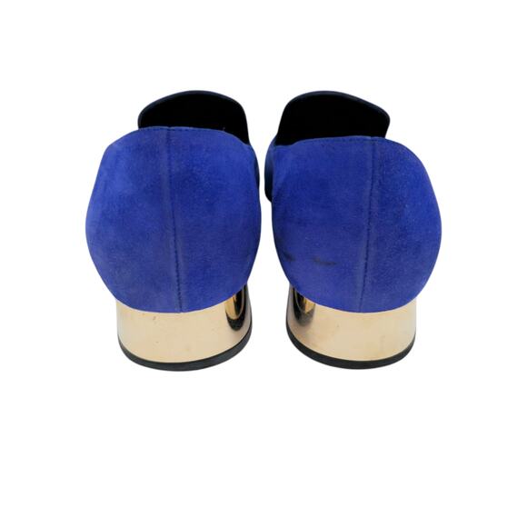 Gucci GG Logo Blue Suede Loafer Size 37 US 7 Chrome Block Heel Slip On Flat - Picture 3 of 10